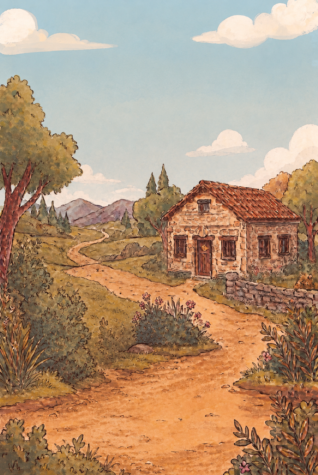 Illustrated Camino scene and future pilgrim hostel